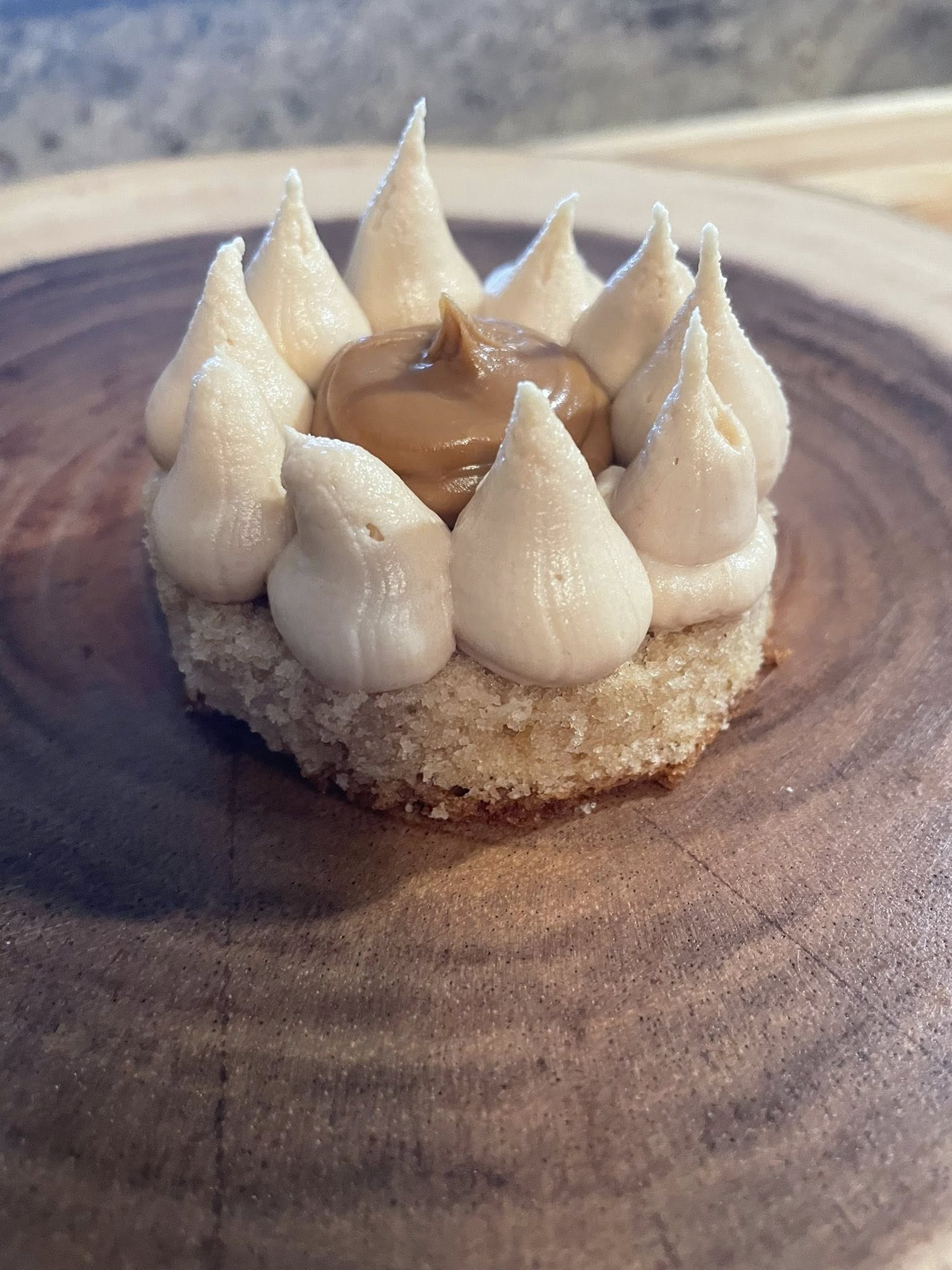Top‑down of filled Lotus Biscoff cake bite before frosting.