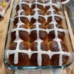 hot cross buns 9x13 pan, shiny vanilla glaze, icing crosses